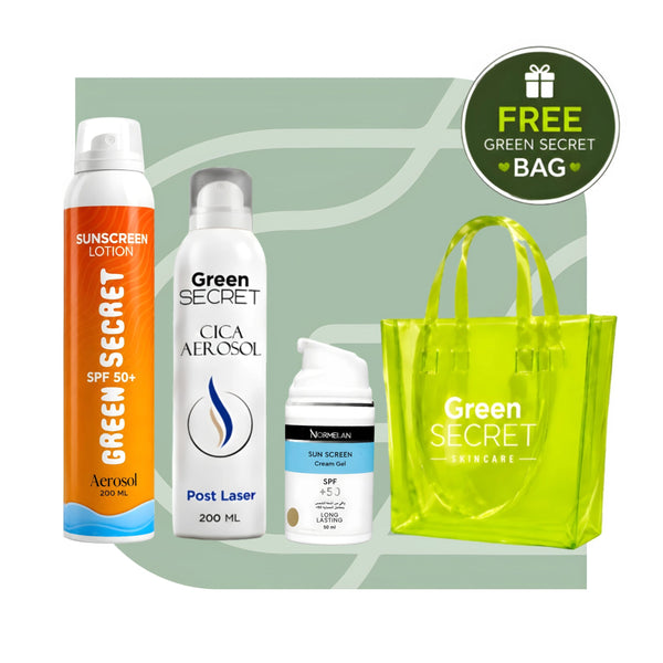 Summer Essential Kit — Green Secret Sunscreen Spray SPF 50+, Normelan Tinted Sunscreen Gel SPF 50+, Green Secret Cica Spray, and a free beach bag